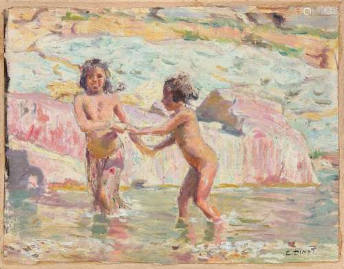Étienne DINET 1861 - 1929 Jeunes baigneuses Huile sur papier