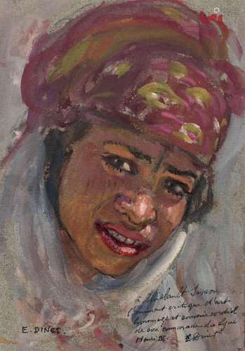 Étienne DINET 1861 - 1929 Jeune fille souriante Huile et gouache sur papier
