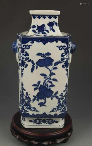 BLUE AND WHITE FLOWER PATTERN PORCELAIN SQUARE VASE