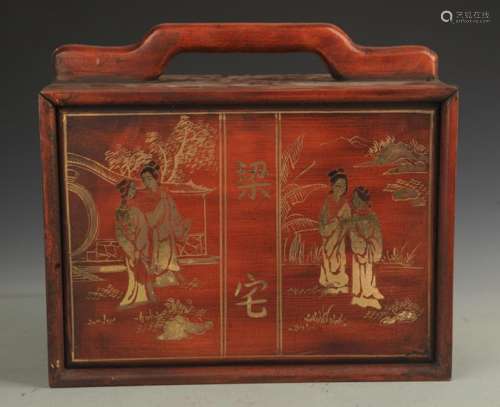 A GILT LACQUER CHARACTER PAINTED WOODEN BOX