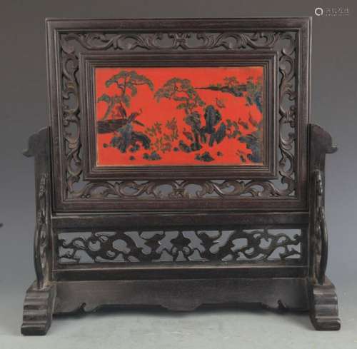 A FINE CHINESE LACQUER WITH WOOD TABLE SCREEN