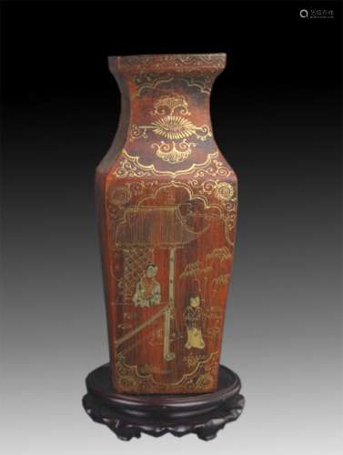 A GILT LACQUERED FEMALE PATTERN WOOD VASE