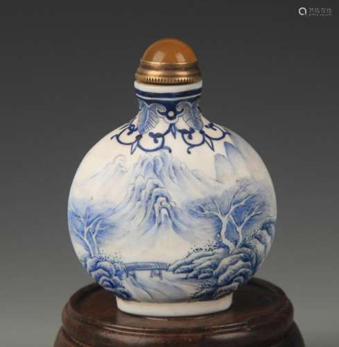 BLUE AND WHITE MOUNTAIN AND RIVER SNUFF BOTTLE