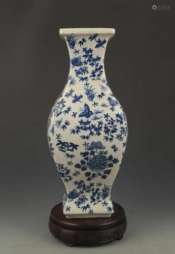 BLUE AND WHITE BIRD PATTERN SQUARE VASE