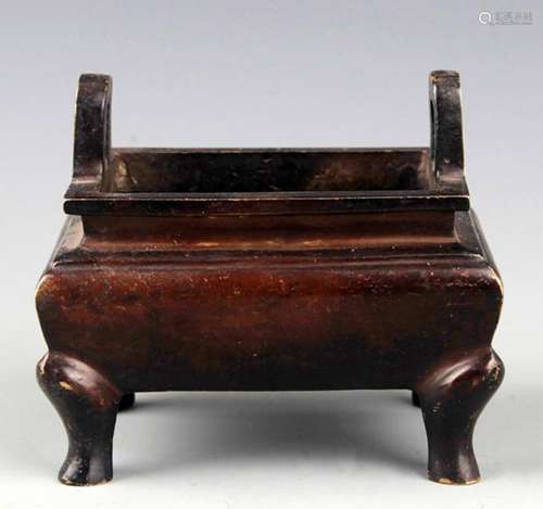 A DOUBLE EAR SQUARE BRONZE CENSER