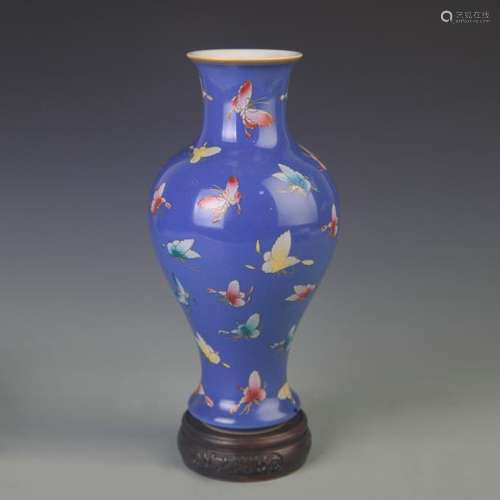 BLUE GLAZED FAMILLE ROSE BUTTERFLY PAINTED VASE