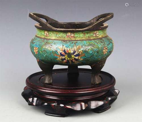 A BRONZE CLOISONNE ENAMEL DOUBLE EAR CENSER