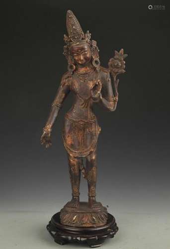 A BRONZE GREEN TARA STATUE