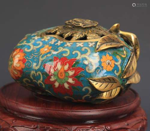 A BRONZE  CLOISONNE PEACH FIGURE AROMATHERAPY