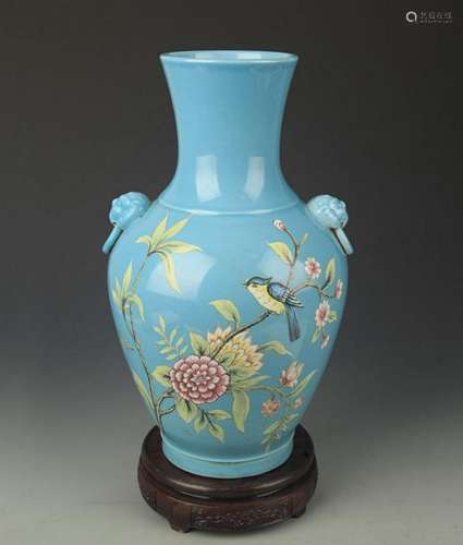 SKY BLUE GLAZED FAMILLE ROSE FLOWER AND BIRD PORCELAIN