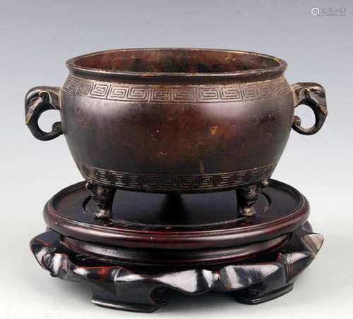 A DOUBLE ELEPHANT EAR BRONZE CENSER