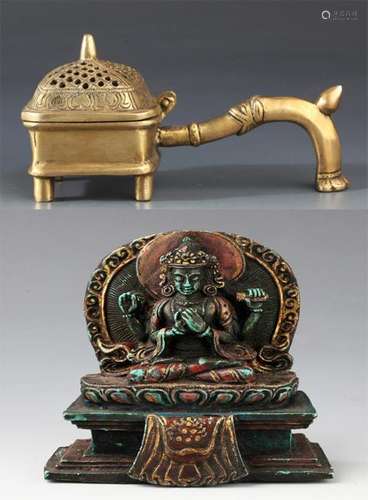 A FINE TIBETAN BRONZE AROMATHERAPY AND BUDDHA FIGURE