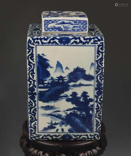 BLUE AND WHITE LANDSCAPE PATTERN PORCELAIN TEA JAR