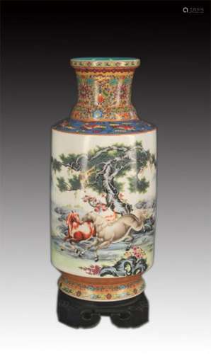 FAMILLE ROSE MONKEY ON HORSE PAINTED PORCELAIN VASE