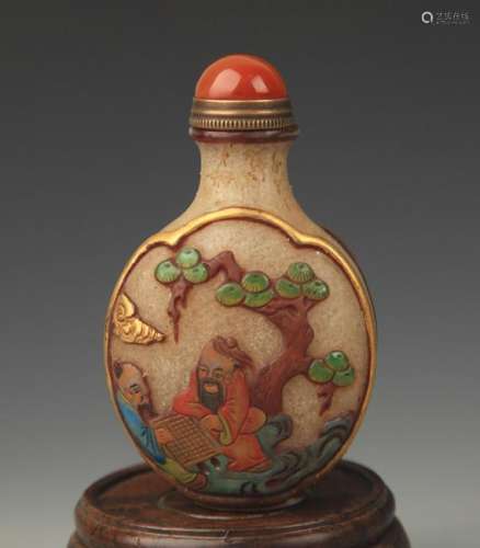FINE COLORED AND PINE TREE CARVING GLASS MADE SNUFF