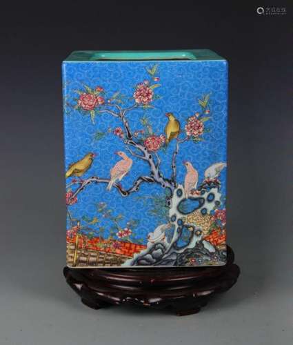 A BLUE GLAZED FAMILLE ROSE FLOWER AND BIRD SQUARE VASE