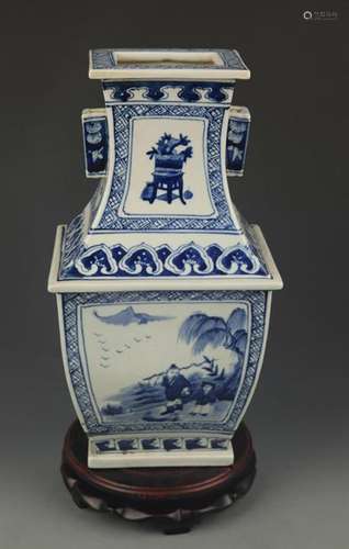 BLUE AND WHITE CHARACTER PATTERN PORCELAIN SQUARE VASE