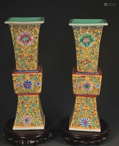 PAIR OF RED GLAZED FAIENCE COLOR PORCELAIN CANDLESTICK