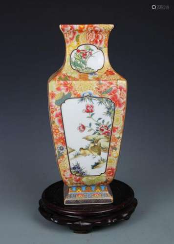 A FAIENCE COLOR FLOWER AND BIRD PATTERN SQUARE VASE