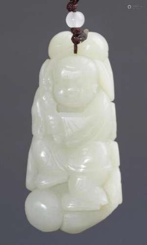 A GREENISH WHITE LUCKY BOY JADE PENDANT