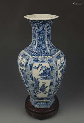 BLUE AND WHITE MOUNTAIN AND RIVER PATTERN SIX SIDE VASE