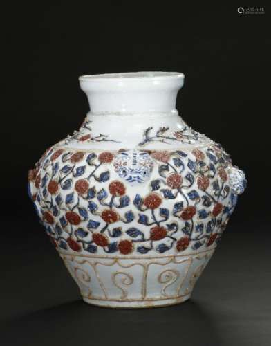 Chinese Carved Blue/White Copper Red Jar