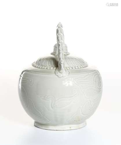 Chinese Rare White Glazed Relief-Carved Ewer