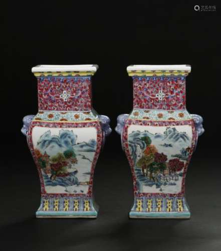 Pair of Chinese Ruby-Ground Famille Rose Vases