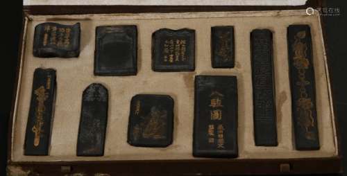 Set of Ten Inscribed Inkstones with Box