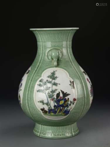 Chinese Celadon-Ground Famille Rose Vase