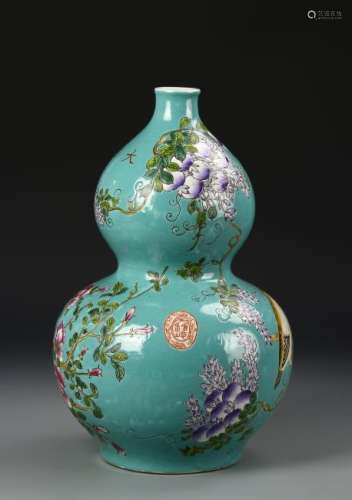 Chinese Turquoise Famille Rose Double-Gourd Vase