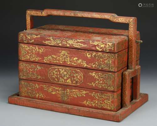 Chinese Wooden Red and Gilt 'Picnic' Box