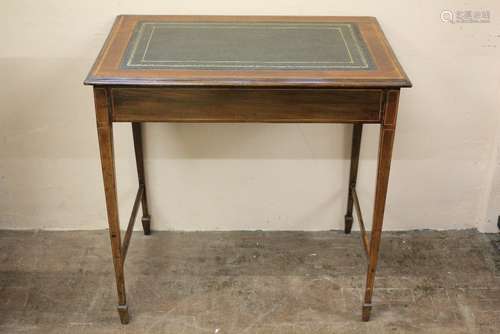 A Victorian Inlaid Mahogany Writing Table, the table having green leather tooled surface, on tapered legs, approx 78 x 50 x 76 cms