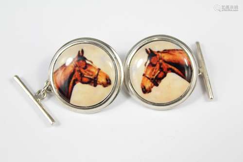 A Pair of Silver and Enamel Equine Portrait Cufflinks