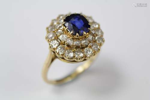 Antique 18ct Yellow Gold Royal Blue Sapphire and Diamond Ring