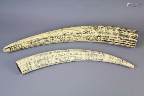 Two 20th Century Resin Scrimshaw Tusk