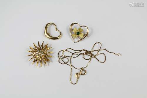 An Edwardian-Style 14ct Yellow Gold and Seed Pearl Brooch/Pendant, approx 28 x 28mm approx 4 gms together with a 14ct yellow gold heart-shape pendant set with a single diamond suspended from a fine 9ct gold chain approx 5 gms and another 10ct yellow gold heart-shape floral brooch