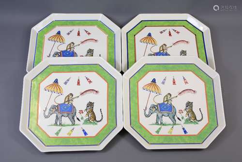 Four Lynn Chase 'Tiger Raj' Hand-Painted Octagonal Trays