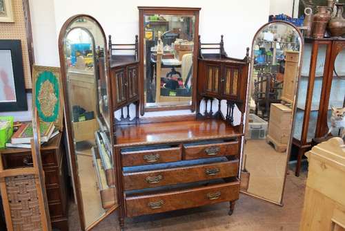 An Edwardian Walnut-Fronted Dressing Table and Mirror