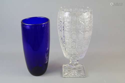 20th Century German Cut Glass Vase, approx 30 cms h x 14 cms diameter together with a Cobalt Blue Studio Vase approx 30 cms