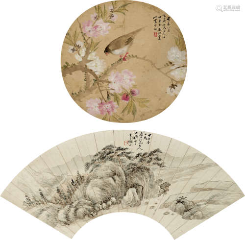 顾沄（1835-1896）、汤祖宪 山水花鸟双挖 纸本 立轴