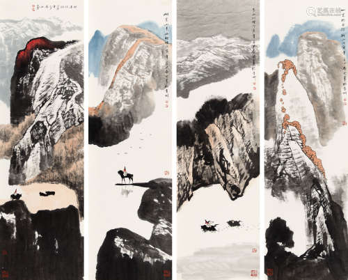 白庚延（1940-2007） 山水四条屏 纸本 托片