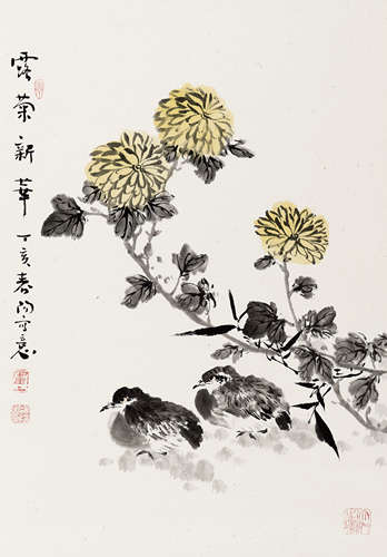 霍春阳（b.1946） 露菊新华 纸本 立轴