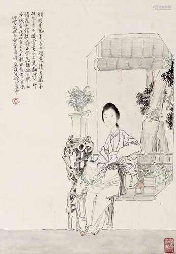 钱慧安（1833-1911） 教子图 纸本 立轴