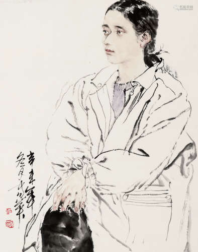 何家英（b.1957） 当代少女 纸本 镜框