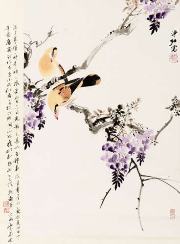 溥佐 （1918-2001）  紫藤黄鹂  纸本 立轴