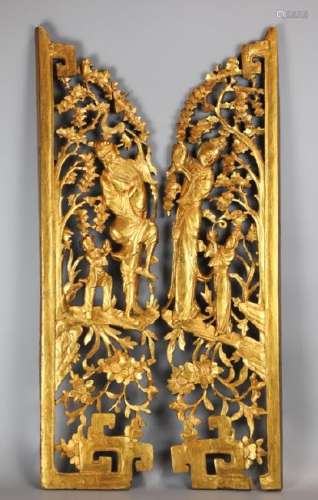 pair of carved Chinese wood panels, 19th c.