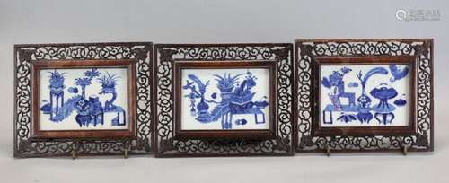 set of 3 Chinese framed blue & white plaques, 19th c.