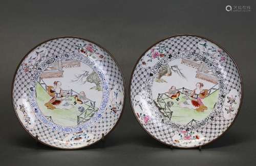 pair of Chinese export enamel plates, Qing dynasty