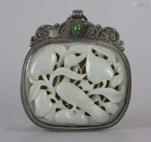 Chinese white jade mounted on silver pendant, 19th c.